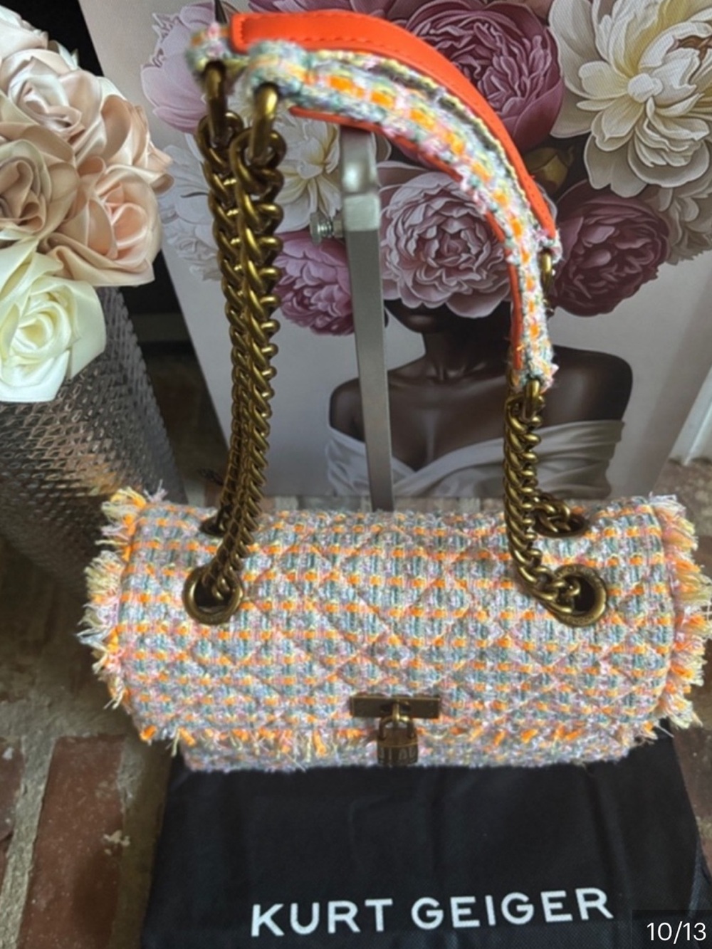 Kurt Geiger Brixton Tweed Orange multi color Chain Shoulder Bag NWT - Picture 5 of 8